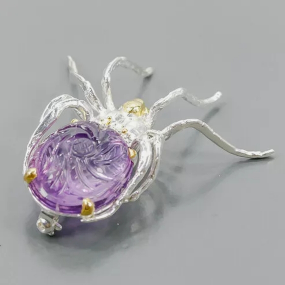 Large handcarved Amethyst Sterling Spider 🕷 brooch - Picture 3 of 10
